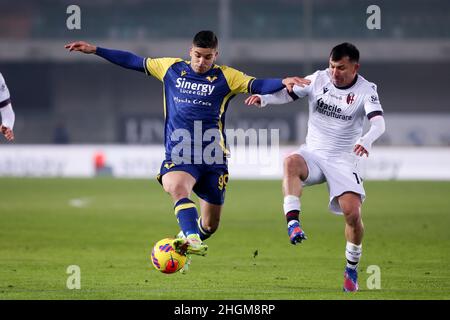 Verona, 21 gennaio 2022. Giovanni Simeone attaccante per Hellas Verona combatte per la palla con Gary Medel difensore per Bologna F.C. durante la Serie A partita di calcio tra Hellas Verona FC e Bologna FC. Credit: Stefano Nicoli/Speed Media/Alamy Live News Foto Stock