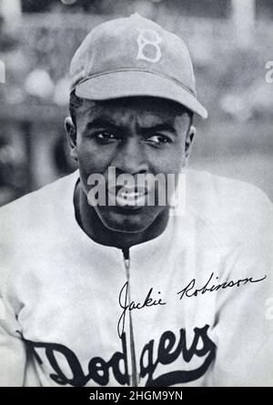 Ritratto in bianco e nero di Jackie Robinson del 1940s con i Brooklyn Dodgers con autografo. Foto Stock