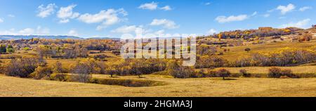 Bellissimo paesaggio naturale di montagna e foresta in autunno. Bellissimo paesaggio autunnale nella prateria di Wulan Butong, Mongolia interna, Cina. Foto Stock