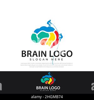 Logo Brain Symbol per la silhouette rock climbing. Modello vettoriale per la silhouette con logo Brain. Arrampicata su roccia, simbolo, pensare Illustrazione Vettoriale