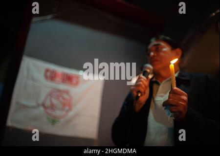 Bogota, Colombia. 21st Jan, 2022. Senator of Colombia Humana and Pacto Historico political alliance Gustavo Bolivar speaks at the restaurant Casa Alternativa were the left-wing Comunes party headquarters, made up of former FARC members who signed peace in Colombia, in Bogota, on January 21, 2022 after Colombia's police found a bomb ready to activate in one of the bathrooms of the restaurant. Credit: Long Visual Press/Alamy Live News Stock Photo