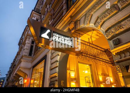 Centro commerciale Gaensetarktpassage nella città di Amburgo - CITTÀ DI AMBURGO, GERMANIA - 21 DICEMBRE 2021 Foto Stock