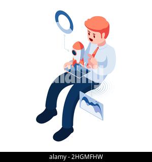 Flat 3d Isometric Businessman Holding Tablet with Spaceship. Startup Business Concept. Stock Vector