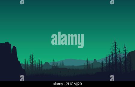 Vista realistica di scogliere e montagne dall'esterno della città al crepuscolo. Illustrazione vettoriale di una città Illustrazione Vettoriale