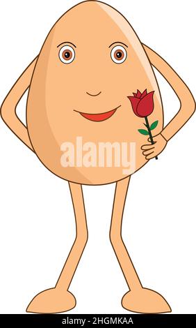 Romantico cartoon uovo in piedi e in attesa per il suo valentine con una rosa il giorno delle rose. Illustrazione vettoriale. Illustrazione Vettoriale