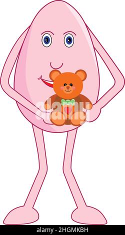 Felice uovo maschio cartone animato con un peloso in mano in giorno di peluche. Illustrazione vettoriale. Illustrazione Vettoriale