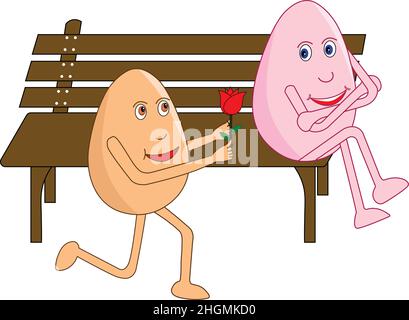 Romantico cartoon uovo sulle ginocchia dando una rosa al suo bel San Valentino seduto su una panchina il giorno della rosa. Illustrazione vettoriale. Illustrazione Vettoriale