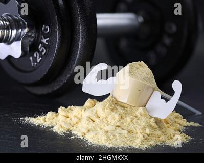 Paletta di proteina di siero con mucoli su mucchio di polvere con dumbbell su sfondo nero, guadagno muscolare da vibrazioni proteiche Foto Stock