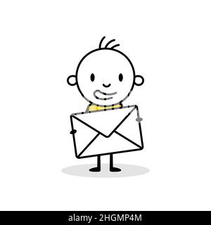 Uomo che tiene una busta posta isolato su sfondo bianco. Uomo d'arte a linea di doodle disegnato a mano. Illustrazione dello stock vettoriale. Illustrazione Vettoriale