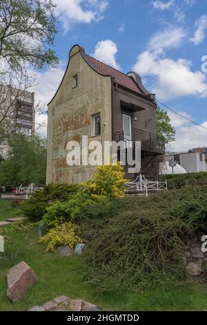 Kaliningrad, Russia - may 14, 2021: map (Fresco 'The Mystery of the Seven Bridges') of old Kenigsberg on the wall of old port building on cloudy sprin Stock Photo