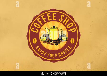 Pila di chicco di caffè e tè pentola disegni logo ispirazione isolata su sfondo bianco Illustrazione Vettoriale