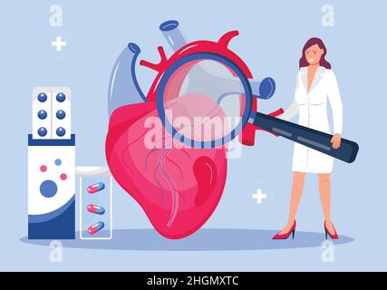 Vettore di concetto di consultazione online cardiologo. Illustrazione della malattia di ipotension e ipertensione per la pagina iniziale di cardiologia. Trattamento cardiovascolare, Illustrazione Vettoriale