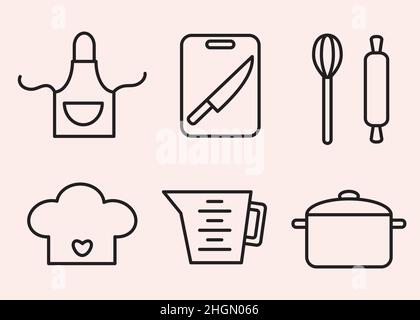 Icone dei contorni di cottura. Grembiule da cucina, tagliere con coltello, frusta e spilla per pasta. Cappello, becher e pentola da cucina. Cibo preparare e. Illustrazione Vettoriale