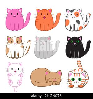 Set di divertenti gatti cartoni animati, carina illustrazione vettoriale in stile piatto. Diversi gatti colorati. Gattino grasso sorridente. Stampa positiva per adesivi, biglietti Illustrazione Vettoriale