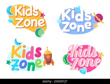 Area giochi per bambini, insegna etichetta banner per il parco giochi in stile colorato per bambini Illustrazione Vettoriale