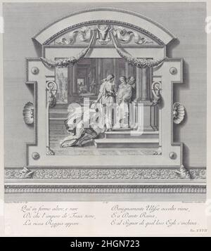 Targa 27: Ulisse ricevuto da Alcinus re di Phoeacia e sua regina Areta dopo il suo naufragio 1756 Bartolomeo Crivellari. Targa 27: Ulisse ricevuto da Alcinus re di Phoeacia e dalla sua regina Areta dopo il suo naufragio. "Le Pitture di Pellegrino Tibaldi e di Niccolò Abbate esistenti nell'Instituto di Bologna". Bartolomeo Crivellari (italiano, attivo 18th secolo). 1756. Incisione e incisione. Stampa Foto Stock