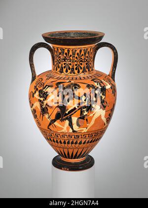 Collo di terracotta-anfora (vaso) ca. 520 a.C. attribuito all'obverse del Gruppo Medea, Herakles combattendo con AmazonsReverse, combattere con due donne che sorvegliano in questo incontro, Herakles affronta due Amazzoni armati come gli hopliti (soldati di piede greci) con le lance, mentre un altro Amazzonia, un arciere, fugge a sinistra. Indossa la tunica e morbida berretto in pelle associato al vestito orientale. Collo di terracotta-anfora (vaso). Greco, Attico. Ca. 520 A.C. Terracotta; figura nera. Arcaico. Vasi Foto Stock