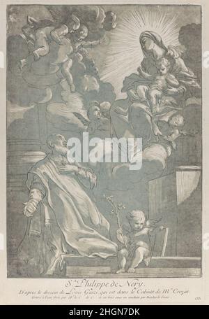 San Filippo Neri, inginocchiato a sinistra, con la Vergine e il bambino in alto a destra ca. 1729 Nicolas le Sueur. San Filippo Neri, inginocchiato a sinistra, con la Vergine e il bambino in alto a destra. Nicolas le Sueur (francese, 1691–1764). CA. 1729. Acquaforte e acquatinta in grigio-blu. Stampa Foto Stock