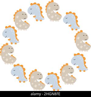 Corona circolare Vector con dinosauri e dino scritto a mano con posto per il tuo testo su sfondo bianco. Biglietto d'auguri, design poster Illustrazione Vettoriale