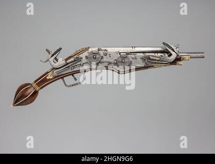 Pistola a doppio tralivello del 1612 in tedesco. Pistola con blocco ruote a doppio perno. Tedesco. Datato 1612. Acciaio, legno, corno. Armi da fuoco-pistole-Wheellock Foto Stock