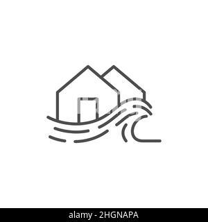 Flooding house line icon. linear style sign for mobile concept and web design. Flood disaster outline vector icon. Symbol, logo illustration. Vector g Stock Vector