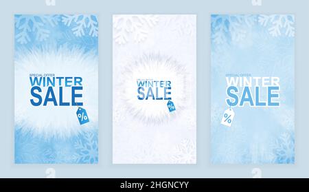 Set of banners for winter sale, banner with snowflakes and sale texts to promote discounts for the winter season. Winter illustration. Stock Vector