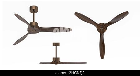 Ventilatore a soffitto marrone in legno isolato su sfondo bianco - 3D rendering - spazio copia Foto Stock