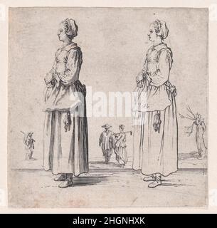 La Paysanne Tournée a Gauche, les Mains Appuyées l'une sur l'Autre (la donna contadina girata a sinistra, una mano posta nell'altra), da Varie Figure (varie figure) ca. 1620 Jacques Callot Francese. La Paysanne Tournée a Gauche, les Mains Appuyées l'une sur l'Autre (la donna contadina girata a sinistra, una mano posta nell'altra), da Varie Figura (varie figure). Figura Varie. Jacques Callot (francese, Nancy 1592–1635 Nancy). CA. 1620. Incisione; primo stato di quattro (Lieure). Stampa Foto Stock