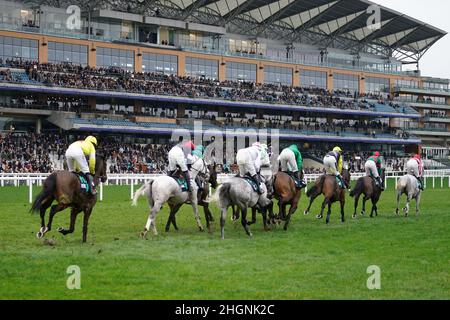 Sonigino (a sinistra) guidato da Harry Cobden sul retro del campo in SBK Holloway's handicap ostacoli durante SBK Clarence House Chase Raceday presso Ascot Racecourse, Berkshire. Data foto: Sabato 22 gennaio 2022. Foto Stock