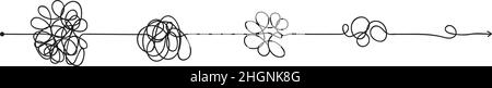 Semplificare il concetto di problema complesso, districando la linea di freccia caotica. Processo di semplificazione, individuazione della soluzione, percorso aggrovigliato con vettore nodi. Gestione dei pensieri disordinata e chiarezza delle idee Illustrazione Vettoriale