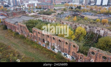 Great Northern Railway Warehouse Nottingham UK abbandonato edificio abbandonato derelict vista aerea drone Foto Stock