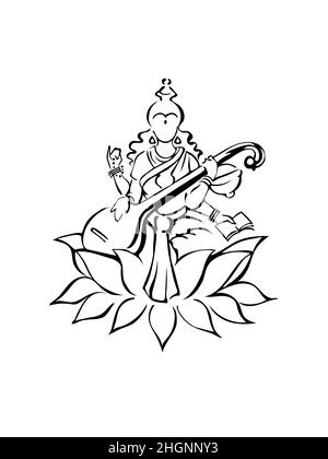 Saraswati, dea indù della conoscenza, seduta sul loto con veena, libro, pentola, perle. Simbolo di contorno moderno, illustrazione disegnata a mano in bianco e nero, Illustrazione Vettoriale