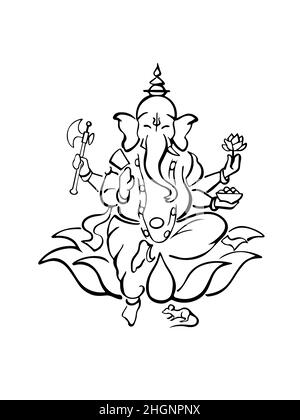 Ganesh, elefante indù diretto dio della saggezza, seduto sul loto con l'ascia, rosa, ciotola, benedizione. Moderno simbolo del profilo di Ganapati, illustrazione disegnata a mano Illustrazione Vettoriale