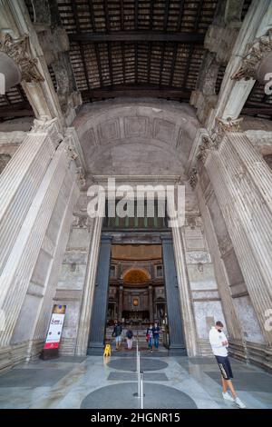 Main entrance to the Pantheon church in Rome, Italy, Ancient Roman temple from 113–125 AD. Stock Photo