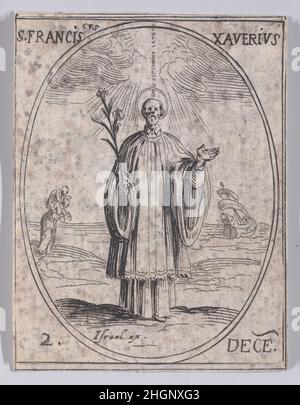 S. Francois Xavier (St Francis Xavier), dicembre 2nd, da Les Images De Tous Les Saincts et Saintes de l'Année (immagini di tutti i Santi e gli Eventi Religiosi dell'anno) 1636 Jacques Callot French questa stampa fa parte di una serie composta da una pagina del titolo, frontespizio, e 122 tavole. Ognuna di queste 122 tavole contiene quattro scene ovali raffiguranti Santi ed Eventi Religiosi per ogni giorno dell'anno. Questo attacco era originariamente una delle quattro scene ovali su una piastra della serie. S. Francois Xavier (St Francis Xavier), dicembre 2nd, da Les Images De Tous Les Saincts et Saintes de l'Année (i Foto Stock