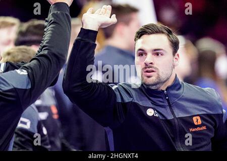 Budapest, Ungheria. 22nd Jan 2022. BUDAPEST, UNGHERIA - GENNAIO 22: Dani Baijens dei Paesi Bassi durante il Men's EHF Euro 2022 Main Round Group incontro tra Montenegro e Paesi Bassi al MVM Dome il 22 Gennaio 2022 a Budapest, Ungheria (Foto di Henk Seppen/Orange Pictures) Credit: Orange Pics BV/Alamy Live News Foto Stock