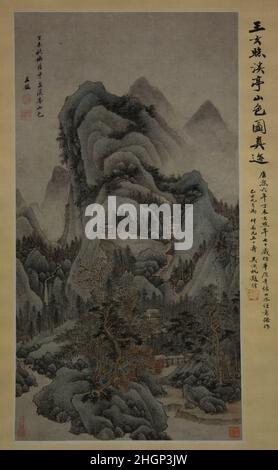 Scenario di montagna con ruscelli e padiglioni nello stile di Fan Kuan 1667 le teorie di Wang Jian Dong Qichang sullo studio di vecchi maestri torreggiarono nelle generazioni successive. Wang Jian era uno dei pittori con sede nella città di Taicang che studiò e sistematizzò le idee di Dong, approfondendo con grande intensità la tecnica e la struttura della tradizione paesaggistica. In questo dipinto, Wang esplora il modo del grande artista della dinastia settentrionale Fan Kuan (attivo ca. 990–1030), adottando le linee di contorno frastagliate del master precedente e segnando il tratto di texture “raindrop” per aggiungere t Foto Stock
