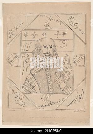 William Shakespeare 1795 inciso e pubblicato da Samuel Ireland questo attacco riproduce un supposto autoritratto schizzo da Shakespeare effettivamente creato da William Henry Ireland durante un famoso scandalo di falsificazione del 1790s. L'Irlanda fingeva una cache di lettere, documenti e bozze di opere calcolate per illuminare la vita e le credenze del Bard, e sosteneva di averle trovate in un vecchio tronco. Scattata da suo figlio, Samuel Ireland pubblicò "vari documenti e strumenti legali stampati sotto la mano e il sigillo di William Shakespeare" (1796), utilizzando l'immagine presente come illustrazione. Era sa Foto Stock