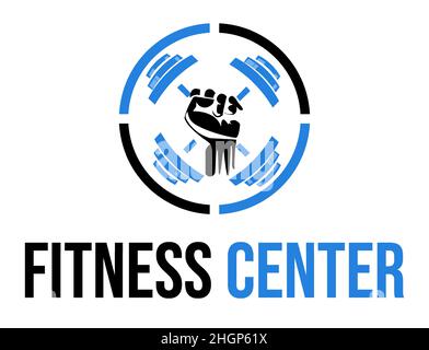 Palestra fitness modello di design logo con manubri. Logo per centro fitness isolato su sfondo bianco Illustrazione Vettoriale