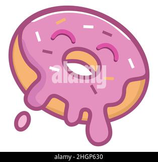 Cartone animato con glassa rosa e viola sulla parte superiore. Icona della ciambella per il caffè, icona del vettore della bandiera del cibo isolato su sfondo bianco Illustrazione Vettoriale