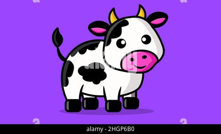Carino mucca piccola isolato in viola sfondo. Illustrazione vettoriale della mucca del cartone animato nello stile semplice dei bambini Illustrazione Vettoriale