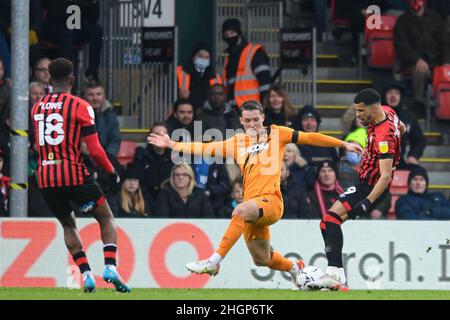 Bournemouth, Regno Unito. 22nd Jan 2022. Dominic Solanke #9 di Bournemouth ha un colpo al traguardo a Bournemouth, Regno Unito il 1/22/2022. (Foto di Simon Whitehead/News Images/Sipa USA) Credit: Sipa USA/Alamy Live News Foto Stock