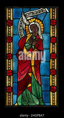 Vergine dell'Annunciazione ca. 1290–1300 Tedesco questo pannello insieme all'Angelo dell'Annunciazione (conf. n. 1993.251.1) una volta iniziava un ciclo di smaltatura dedicato alla vita di Cristo installato nella baia assiale del coro della chiesa del convento di Altenberg. L'angelo Gabriel tiene un rotolo iscritto AVE• [MARIA] GR•A[TIA] • P LENA (Ave [Maria], piena di grazia), e dietro la colomba dello Spirito Santo e della Vergine un'iscrizione recita ECCE• ANC •ILLA• i[ESU] • N[OSTRI]• D[OMINUS] (Ecco, io sono la serva del Signore). La linearità angolare dello stile di pittura, con i suoi tratti sbattenti, combi Foto Stock