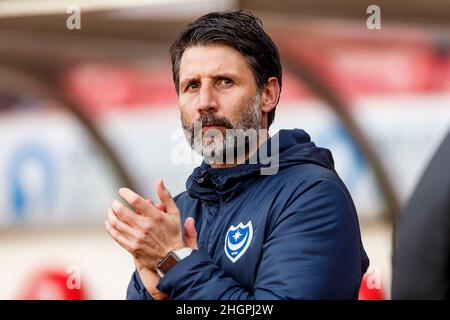 Sunderland, Regno Unito. 22nd Jan 2022. Il responsabile di Portsmouth Danny Cowley prima della partita della Sky Bet League One tra Sunderland e Portsmouth allo Stadium of Light il 22nd 2022 gennaio a Sunderland, Inghilterra. (Foto di Daniel Chesterton/phcimages.com) Credit: PHC Images/Alamy Live News Foto Stock