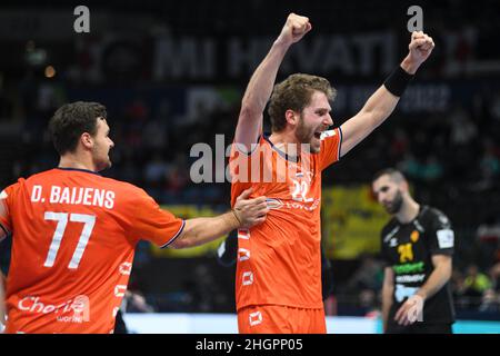 EHF Euro 2022. Main Round. Jasper Adams and Dani Baijens (Netherlands) celebrate the win against Montenegro Stock Photo