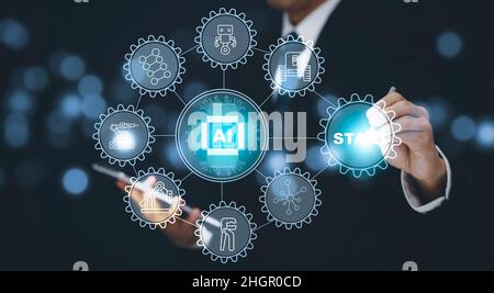 Uomo d'affari che utilizza il dito per toccare l'interfaccia impronta digitale scansione password Artificial Intelligence (ai) icone della tecnologia, apprendimento automatico, trasferimento digitale Foto Stock