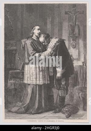 L'Innominato, da 'Illustrated London News' 19 luglio 1862 William Luson Thomas questa stampa riproduce la pittura di Guardassoni del 1856 (Pinacoteca Ambrosiana, Milano) e rappresenta un momento cruciale nel romanzo storico 'i Promessi sposi' (il Betrothed, 1827) di Alessandro Manzoni. Qui assistiamo alla conversione dell’Innominato, che ha rapito Lucia, tradita del titolo, per volere del male Don Rodrigo. Dopo aver ascoltato un sermone del Cardinale Federico Borromeo, l’Innominato decide di sfidare i potenti e malvagi uomini che ha servito, e di accompagnare Lucia al suo ho Foto Stock