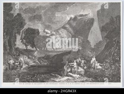 La dea della discordia nel Giardino degli Hesperides, da 'llllustrated London News' Gennaio 31, 1857 Henry Linton questa incisione in legno riproduce un dipinto del 1806 di J.M.W. Turner, ora a Tate Britain. La Dea della discordia è entrata nel Giardino degli Hesperidi (nel mito greco, gli Hesperidi erano figlie della sera Star Herperus, e vivevano all'estremità occidentale del mondo, custodiscono frutti d'oro che concedono immortalità). In questa immagine, una ninfa dà le mele ad una figura vestita che userà i loro poteri per ammalato (uno è più successivamente dato a Parigi, che lo assegna ad Afrodite e precipita Foto Stock