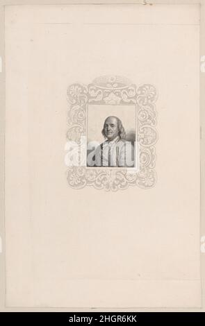 Ritratto di Benjamin Franklin 1780–1820 dopo Joseph Siffred Duplessis un ritratto di Franklin a mezza lunghezza in un cappotto semplice, girato a sinistra, di fronte, all'interno di una cornice decorativa. Basato su un ritratto pastello, "The Grey Coat Portrait", ca. 1777-78, ora alla Biblioteca pubblica di New York (di cui ci sono state molte copie successive). Ritratto di Benjamin Franklin. Dopo Joseph Siffred Duplessis (francese, Carpentras 1725–1802 Versailles). 1780–1820. Incisione su collé di conchine. Benjamin Franklin (americano, 1706–1790). Stampa Foto Stock