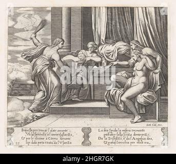 Plate 21: Female personifications of Sorrow and Pain at right punishing Psyche at the behest of Venus, who sits at right, from the Story of Cupid and Psyche as told by Apuleius 1530–60 Master of the Die Italian This book contains 32 plates bound together, 3 of which are by Agostino Veneziano.. Plate 21: Female personifications of Sorrow and Pain at right punishing Psyche at the behest of Venus, who sits at right, from the Story of Cupid and Psyche as told by Apuleius. The Story of Cupid and Psyche as told by Apuleius. Master of the Die (Italian, active Rome, ca. 1530–60). 1530–60. Engraving. A Stock Photo